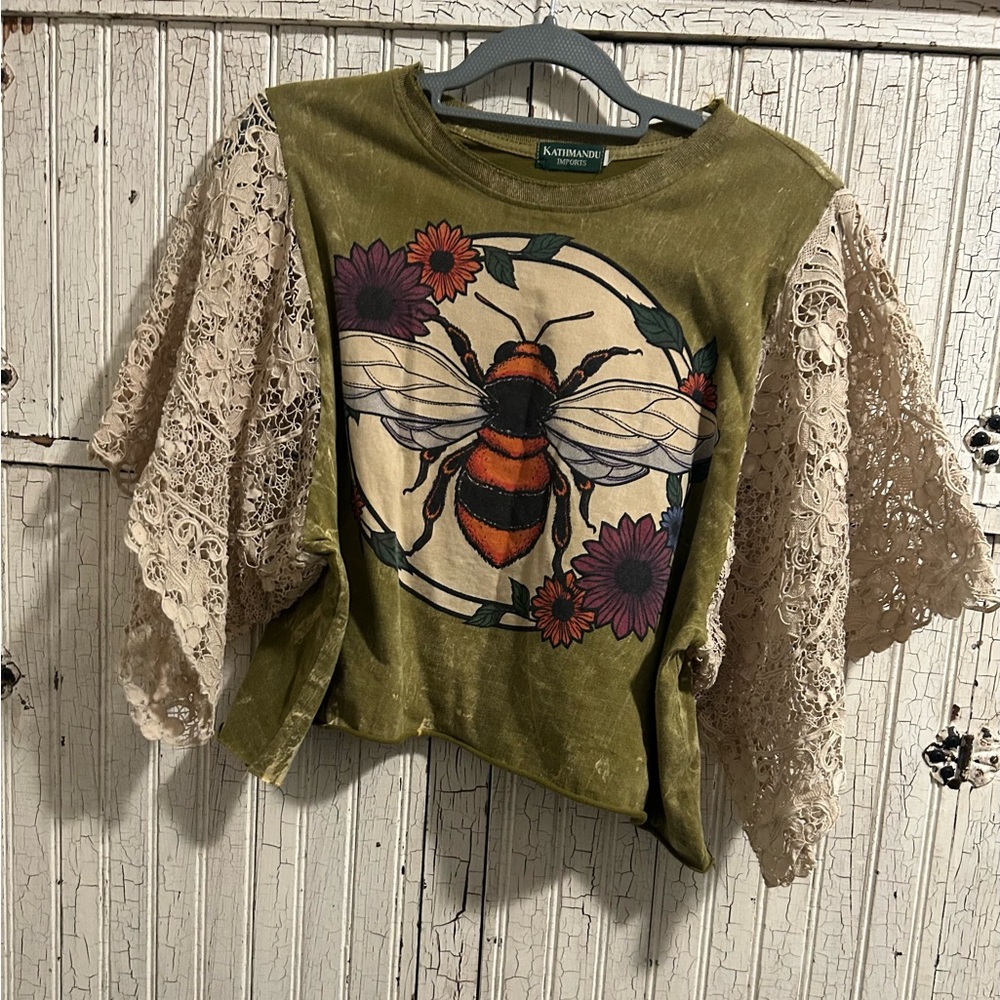 Hand Crafted Olive Green Bee Print Crop Top